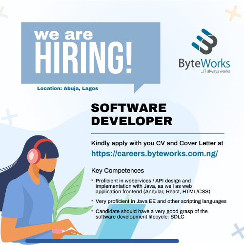 byteworksng's tweet photo. Are you a Java Software developer in Abuja or Lagos? Kindly visit https://t.co/h1x2qfsspU and apply. Hurry now as the available slots are limited. #nigerian #software #programmer #job #vacancy #Abuja #Lagos #byteworks https://t.co/UhZBkEQpi5