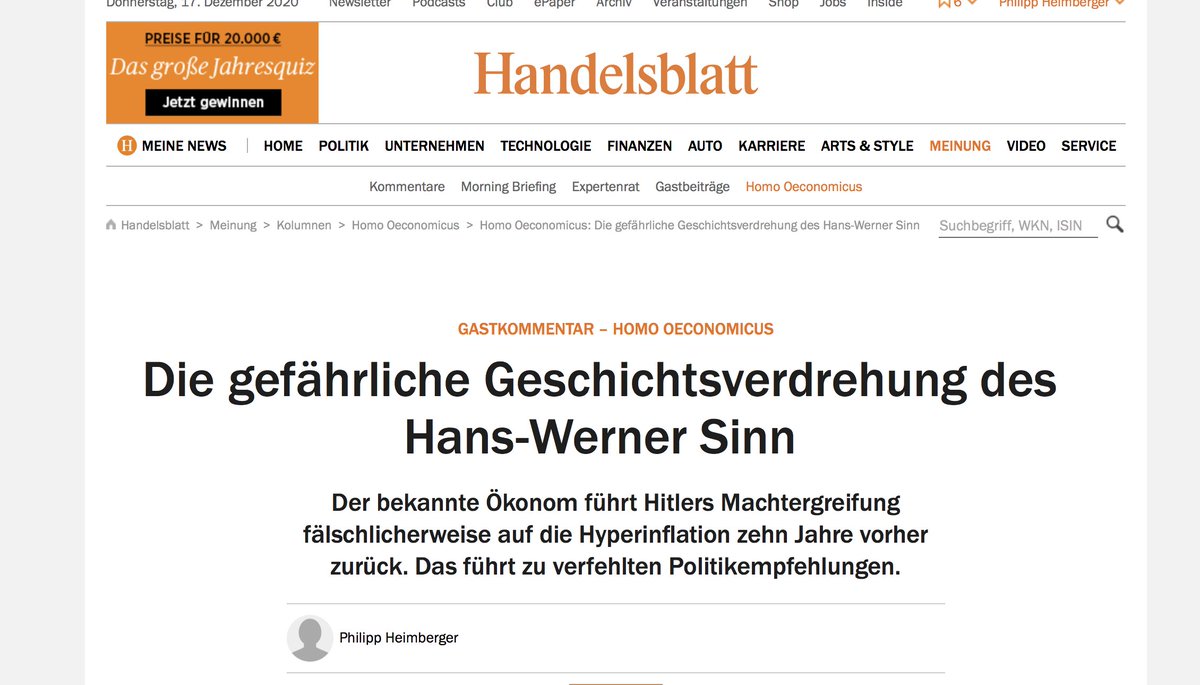 Hans-Werner Sinn warnt vor Hyperinflation; er verbindet sie direkt mit der Machtergreifung Hitlers. Eine Verdrehung der Geschichte, argumentiere ich  @handelsblatt: Der Nazi-Machtergreifung ging Deflation voraus, befördert durch Sparpolitik. Thread /1 https://www.handelsblatt.com/meinung/kolumnen/homo_oeconomicus/gastkommentar-homo-oeconomicus-die-gefaehrliche-geschichtsverdrehung-des-hans-werner-sinn/26727474.html