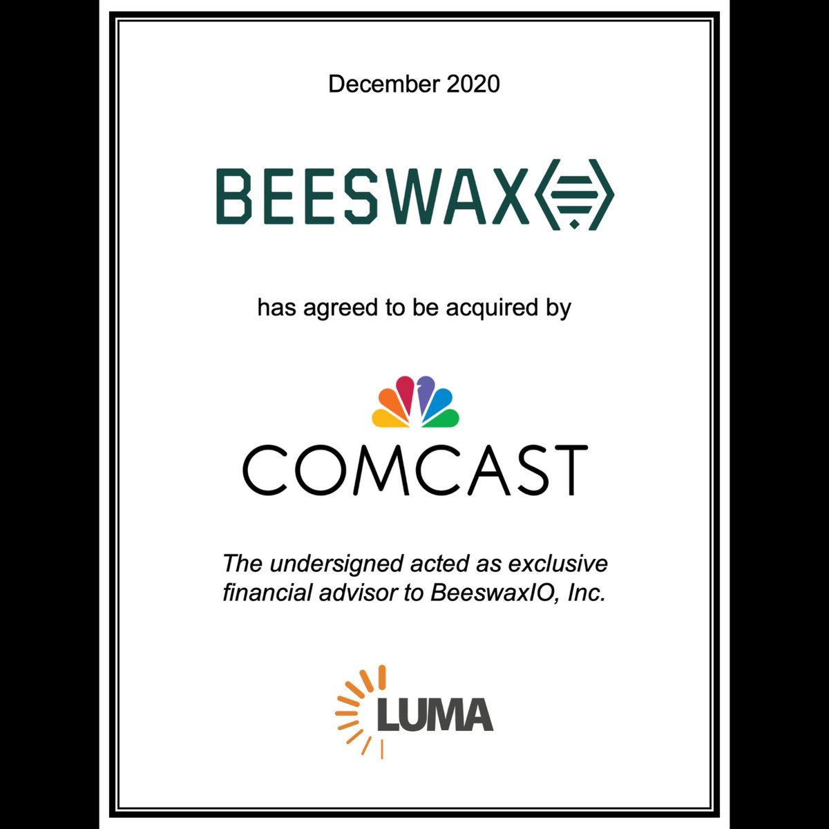 tkawaja's tweet photo. Congratulations to @aripap @ssamadi @ramrengaswamy and the entire @beeswaxio team on their sale to @comcast @freewheel. And congratulations to @daveclark and @JenckesM on a very strategic acquisition. An OG transaction all around! https://t.co/q4gshmODNU