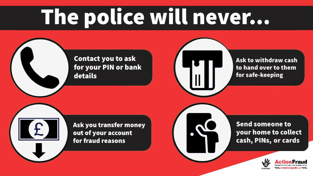 If you get a call from someone claiming to be your bank or the police and they ask you to transfer money to another account, hang up, it’s not your bank or the police. #CourierFraud