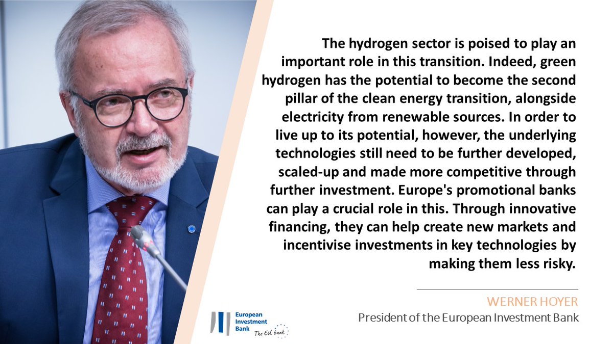 EIB's tweet photo. #Hydrogen can help support the #GreenRecovery &amp; pave the way to a #CarbonNeutral future👉President Hoyer spoke at the #IPCEIH2 event organised by @EU2020DE to detail the EU bank strategy for a #CleanIndustry⬇️⬇️ https://t.co/8HU14LuYCx