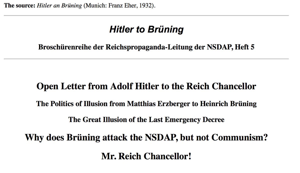 Austeritätspolitik erhöhte die Arbeitslosigkeit, führte zu sozialem Leid und Unruhen. Hitler erkannte spätestens Ende 1931, dass Brünings Sparpolitik seiner Partei „zum Sieg verhelfen und somit die Illusionen des gegenwärtigen Systems beenden“ werde. /5 https://research.calvin.edu/german-propaganda-archive/hitleranbruening.htm