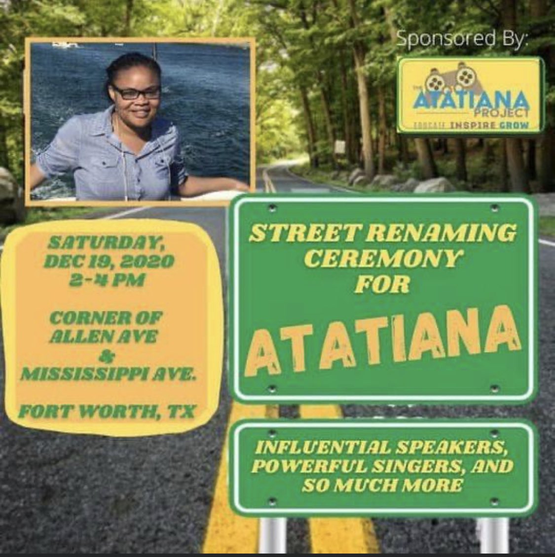 Please join us this Saturday, December 19th from 2p-4p for the unveiling of the Atatiana Jefferson Memorial Parkway on Allen St @ Mississippi. #SayHerName