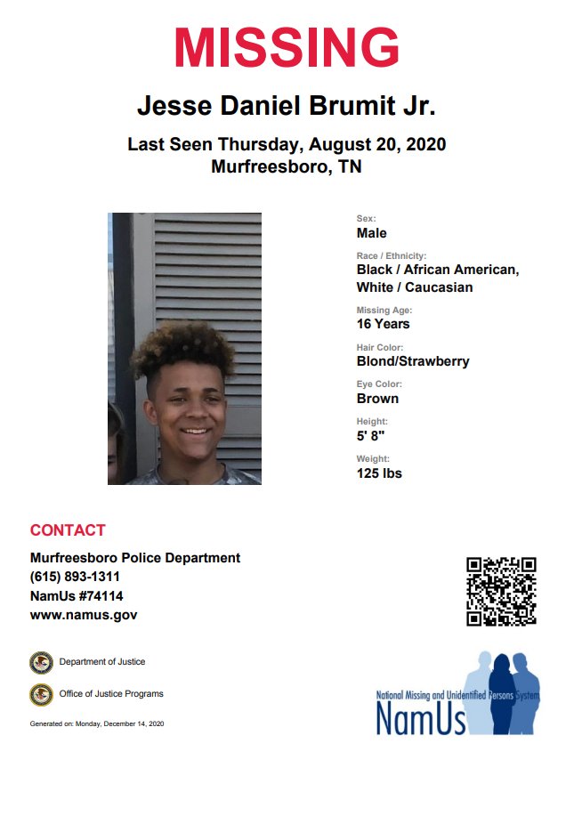 Jesse Brumit Jr. was last seen August 20, 2020, in Murfreesboro, Tennessee. More information regarding his disappearance can be found in his #NamUs case file: namus.gov/MissingPersons…