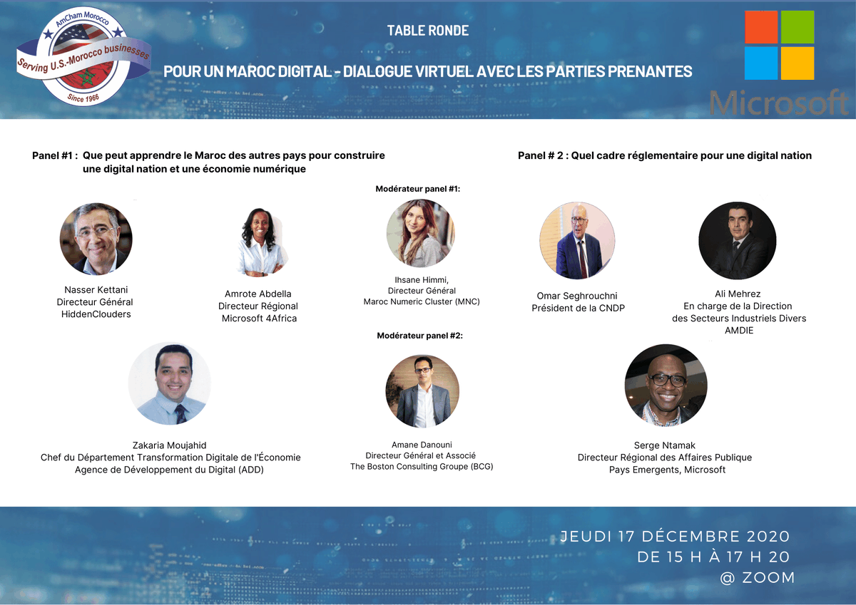 CNDP_Maroc's tweet photo. #Digital #Maroc_digital

@OmarSeghrouchni, Président de la #CNDP et de la @CDAI_Maroc participe au deuxième panel de la table ronde organisée par @AmChamMorocco, sous le thème: « Pour un MAROC DIGITAL – Dialogue virtuel avec les parties prenantes », aujourd’hui de 15h00 à 17h20. https://t.co/vt5FML0UiC