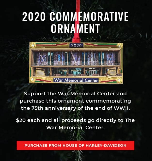 The War Memorial Center is offering its first-ever commemorative ornament. The design of the ornament is a replica of the building’s west-facing facade created by Milwaukee artist and WWII veteran, Edmund Lewandowski. 
Ornaments may be purchased by stopping into the House!