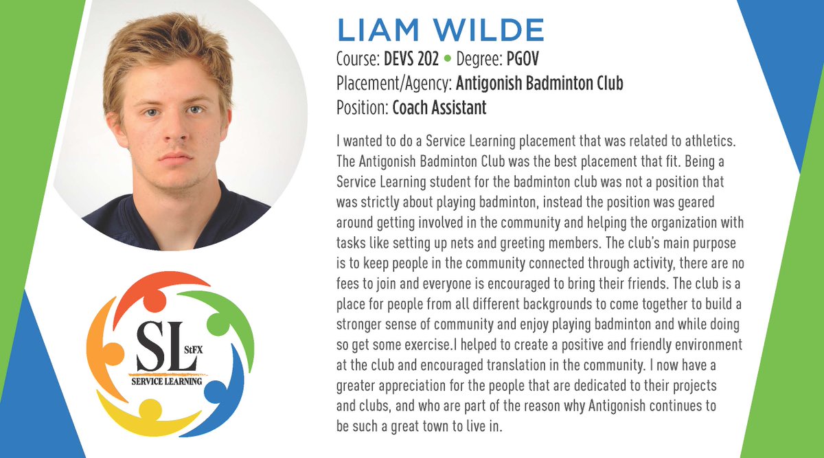 StFX_ServeLearn's tweet photo. Liam Wilde
SL experience/placement with Antigonish Badminton Club through DEVS 202 course  (2019-2020)
@stfxuniversity https://t.co/W6nVpuseUe