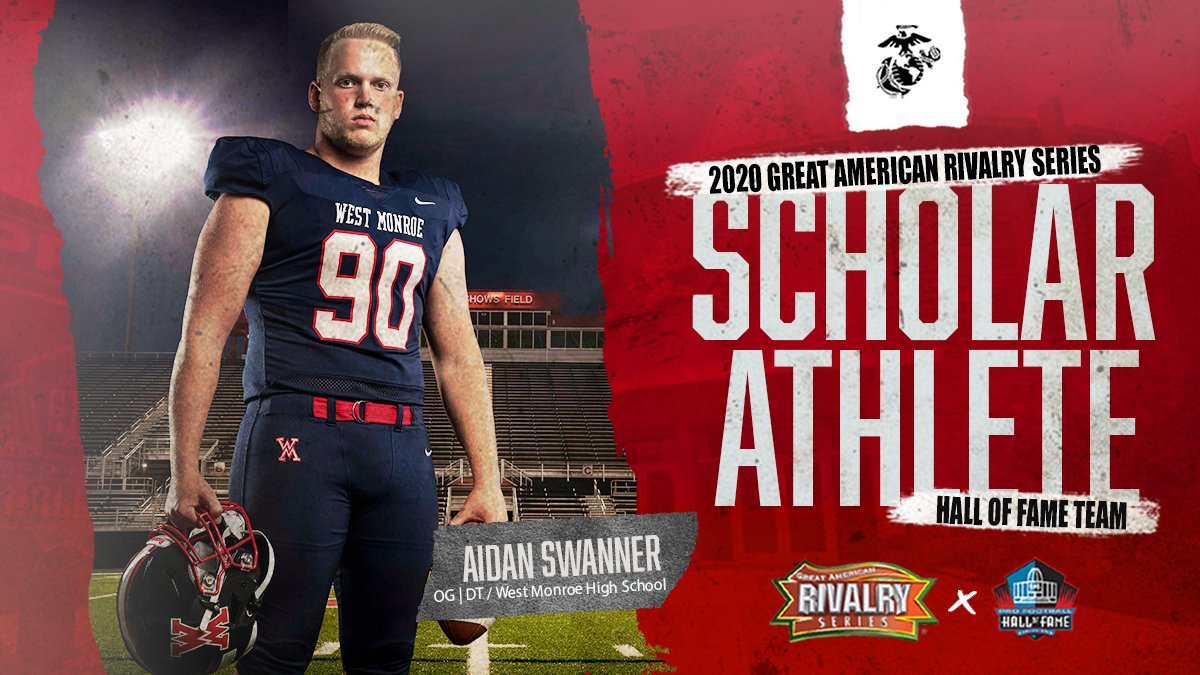 AmericanRivalry's tweet photo. Congratulations to Aidan Swanner from West Monroe High School on being selected to the inaugural Great American Rivalry Series 𝕾𝖈𝖍𝖔𝖑𝖆𝖗 𝕬𝖙𝖍𝖑𝖊𝖙𝖊 Hall of Fame team. #SAHOF20

@ProFootballHOF | @USMarineCorps https://t.co/BtIk3mP7wm
