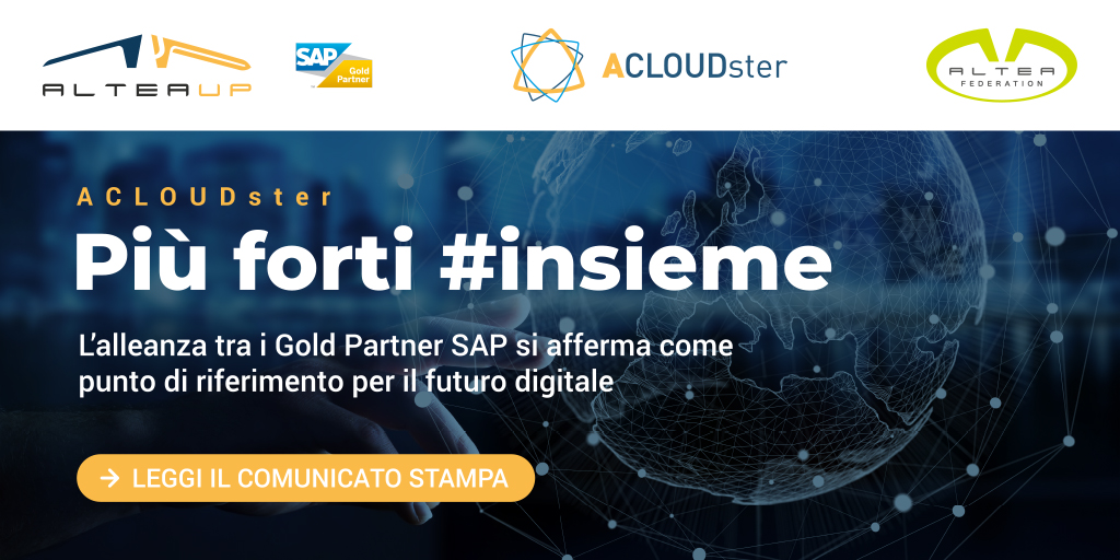 alteaupsrl's tweet photo. Più forti #insieme! ACLOUDster, alleanza tra Gold Partner @SAP di tutto il mondo, si afferma come punto di riferimento per le aziende che vogliono abbracciare il futuro #digitale attraverso l’introduzione del sistema ERP #cloud SAP Business ByDesign.

📰 https://t.co/kfjsR99boY https://t.co/M12FzmXTXh