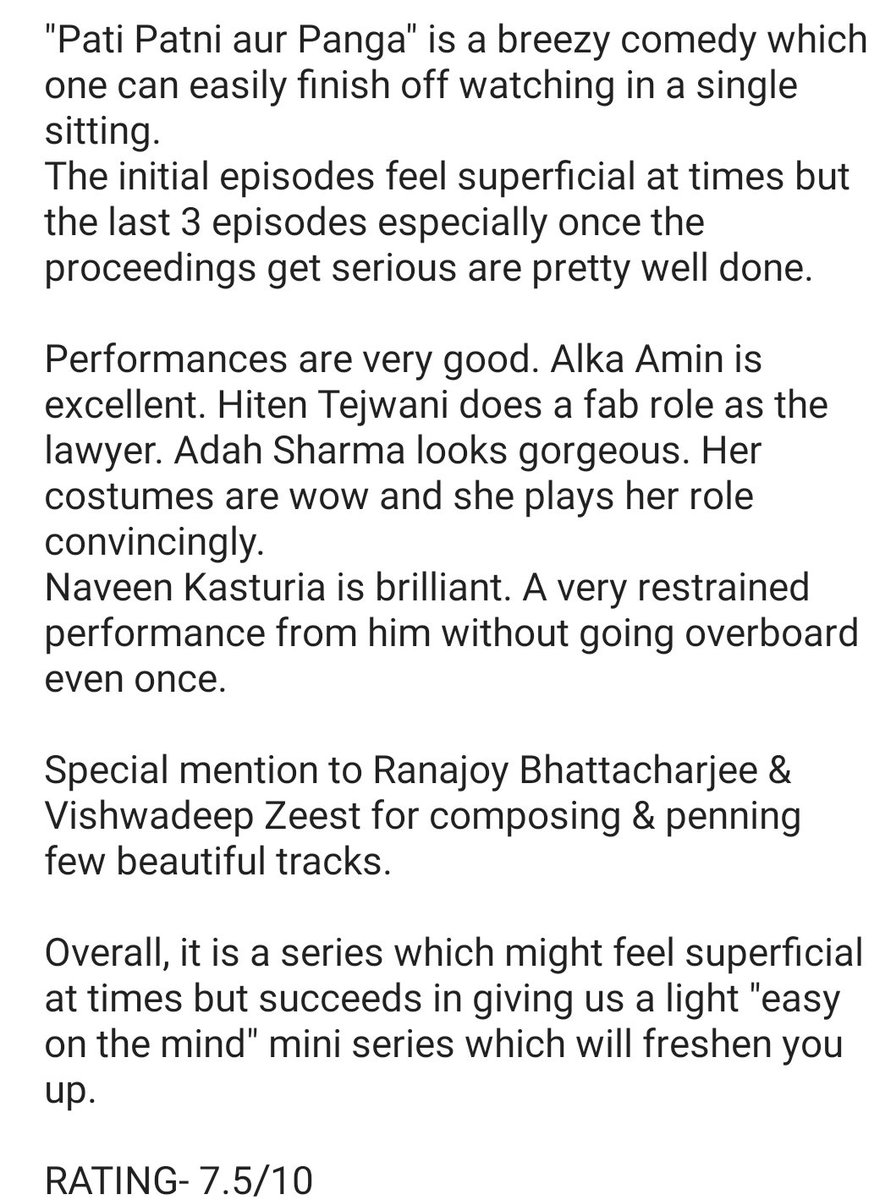 160. PATI PATNI AUR PANGA @MXPlayerA breezy romcom which is bingeworthy on a weekend afternoon.My review below- @nouwwwin  @adah_sharma  @tentej  @ranajoybh  @ZeestLyrics  @AbirSenguptaa