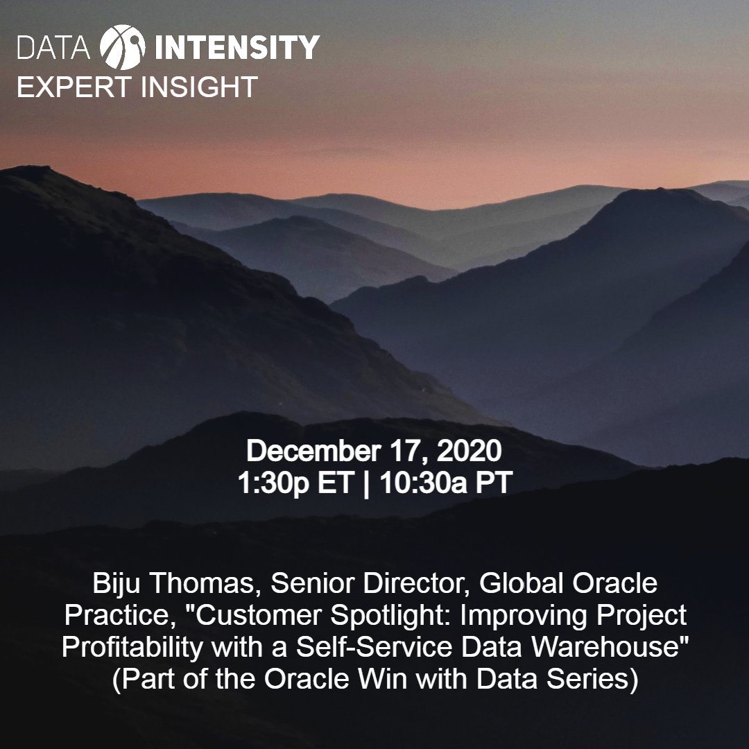 DataIntensity's tweet photo. Today, Dec 17th, catch @Biju_Thomas present, "Customer Spotlight: Improving Project Profitability with a Self-Service Data Warehouse." Info at https://t.co/r9h9kE0DIV

#DataIntensity #Oracle #WinWithData #DataWarehouse #DataInsight #DataAnalytics #BusinessIntelligence #BijuThomas https://t.co/g3nWW36XHK