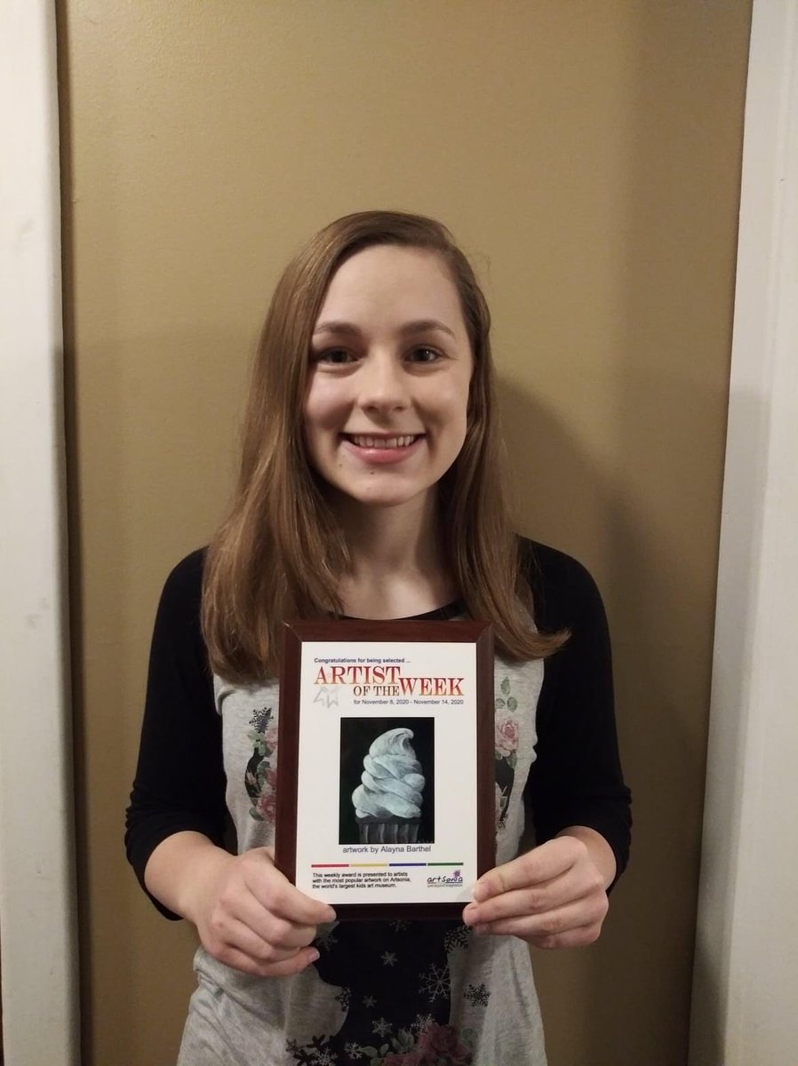 JennWolfenbarg1's tweet photo. ⁦@BHSisd786⁩ Pictured here is Alayna Barthel and the plaque presented to her by Artsonia, the website used by Mrs. LeMay as an online portfolio or collection of her students' artwork. Alayna was chosen as one of their Artists of the Week in November. Congratulations Alayna! https://t.co/His6yYncHk