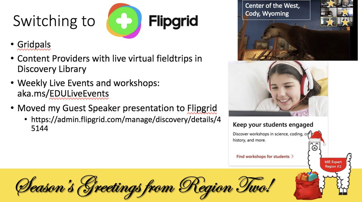 TraceyRowley2's tweet photo. Excited to present at today's #MIeexpert call about the migration of content from @SkypeClassroom to @Flipgrid. Even better-highlighting @draya3 as a virtual fieldtrip trailblazer who trusted me& jumped into the #virtualfield world first!
@MIEE_Flopsie @BrittHebnes https://t.co/ayQNg5UPoY