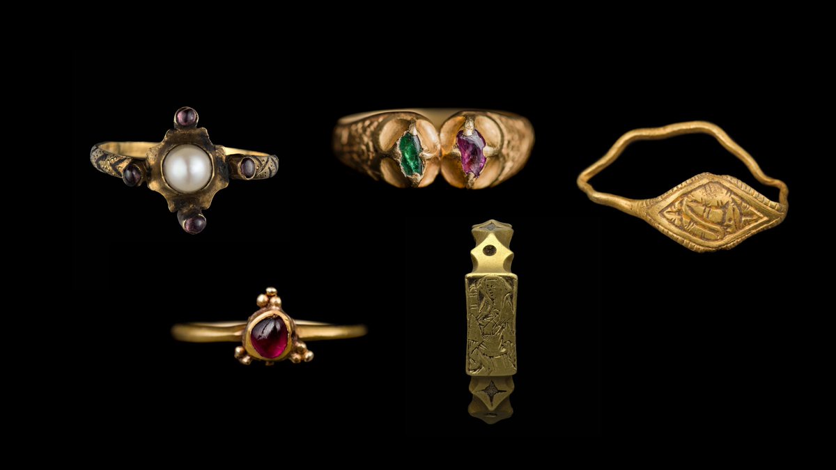 On the fifth day of Christmas the  @YorkshireMuseum gave me: 5 TOTALLY AWESOME GOLD RINGS Top left: around AD 1200 Bottom left: AD 1200-1500Central: Fulford Ring – 15th Century Top right: AD 800-925Bottom right: AD 1400-1500 AD (This is what we REALLY want for Christmas)