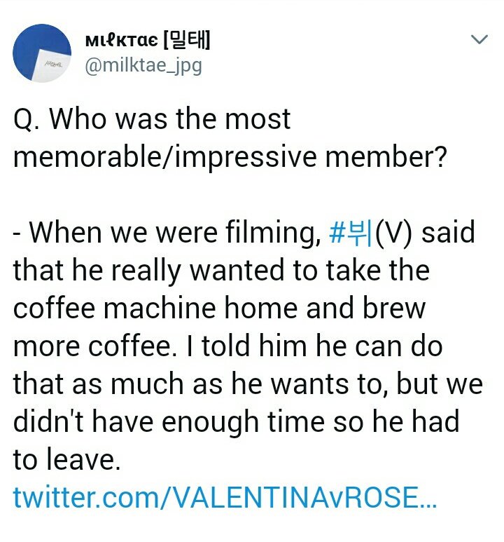Barista Jang Hyun-woo from BTS Coffee Run ep was asked which member was the most impressive to him? He replied "Taehyung" His genuine interest & fascination in coffee making touched his heart so much & he even asked to take the coffee machine home & the barista couldn't deny.