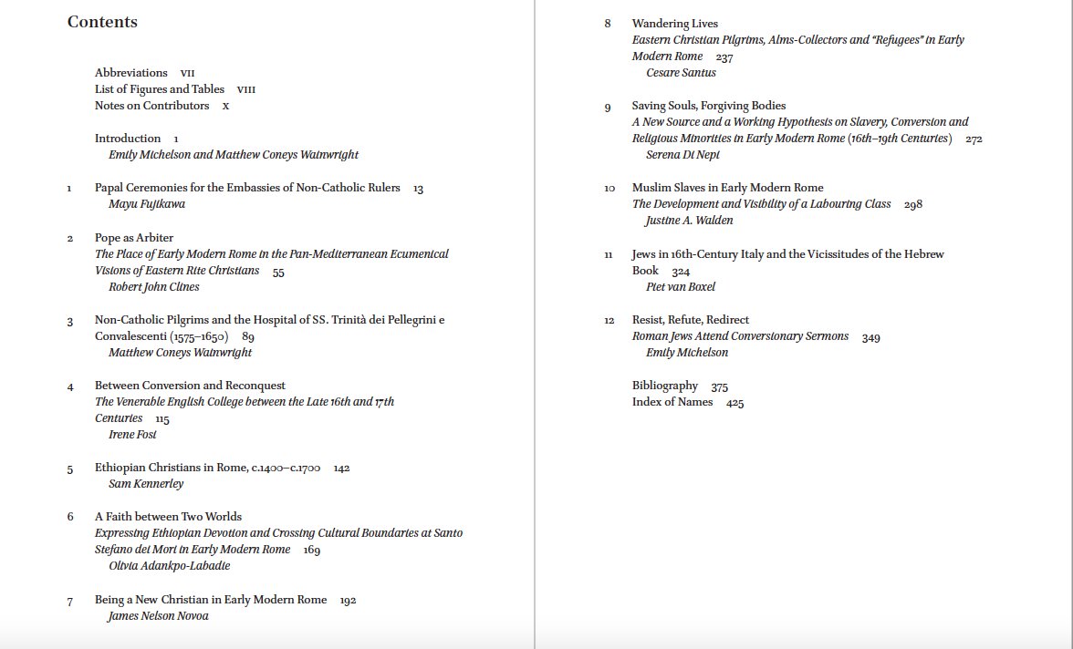 Emily_Michelson's tweet photo. In celebration of the release of Religious Minorities in Early Modern Rome, @mattconeys and I bring you (again) the TABLE OF CONTENTS with our insanely brilliant contributors! @serenadinepi @MiddleSeaHist @cesare_santus @SamKennerley4 + the others. @Brill_History @BrillPublishing https://t.co/yIYy55p9hv