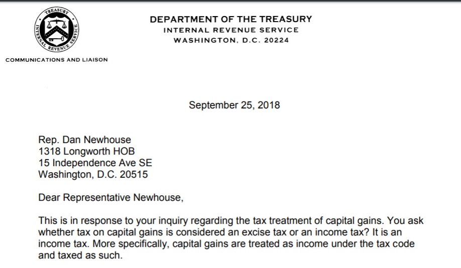 IRS: “You ask whether tax on capital gains is considered an excise tax or an income tax? It is an income tax. More specifically, capital gains are treated as income under the tax code and taxed as such."  #waleg