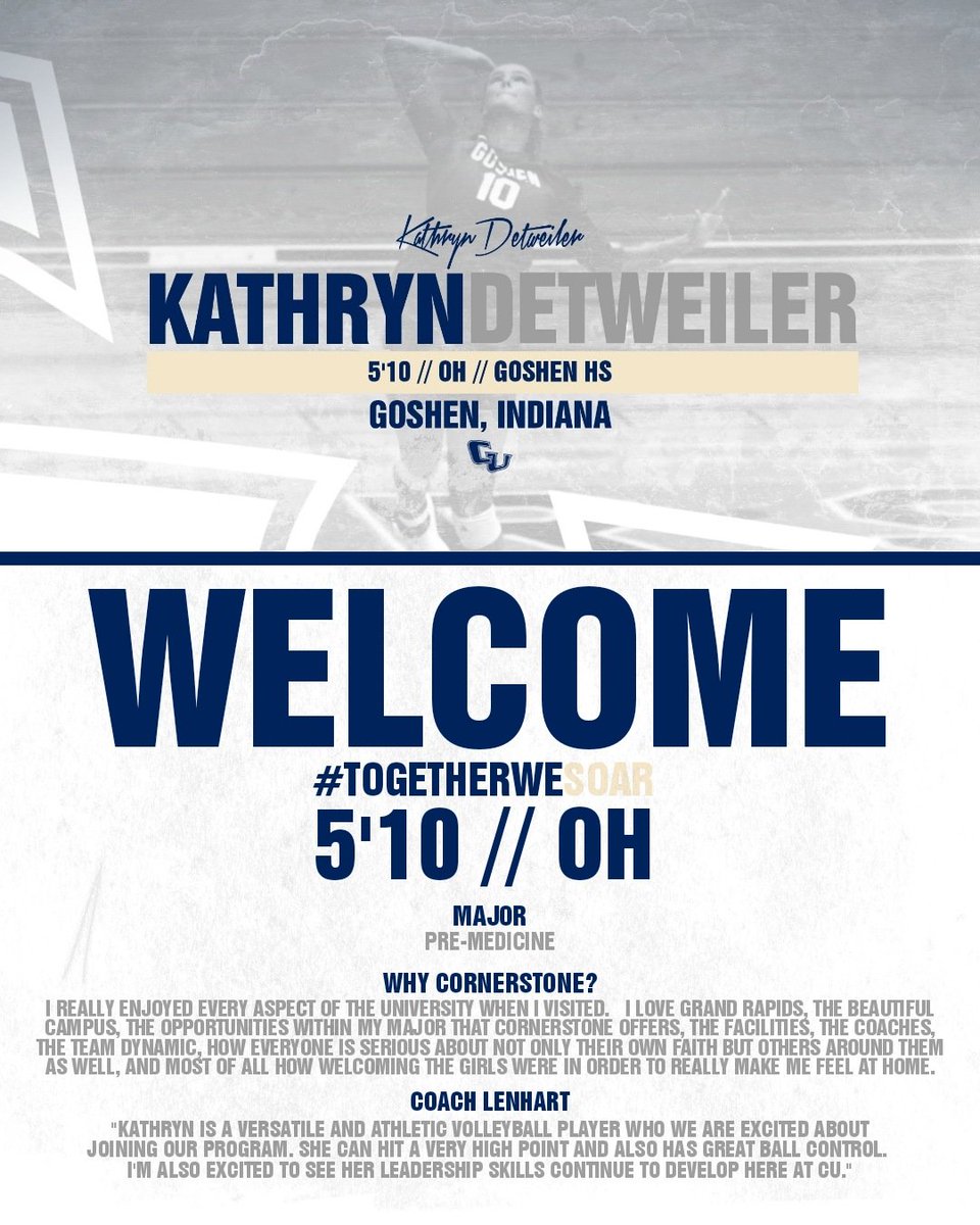 CornerstoneVB's tweet photo. 🚨🚨 WELCOME @detweilerk10 🚨🚨 Please welcome 5'10 // OH // Kathryn Detweiler from Goshen HS in Goshen, Indiana. #TogetherweSOAR 🦅🏐
👇
Get to know our newest faces over the next several weeks as we introduce some of our 2021 signing class. 💯💪 https://t.co/UgTwGmNSVM