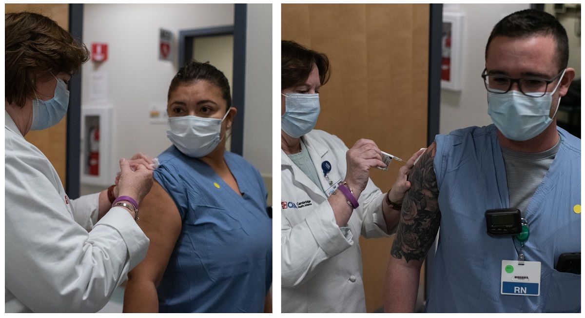 challiance's tweet photo. Our frontline workers have done an amazing job since the start of the COVID-19 pandemic, and last night we were excited to begin vaccinations. Acute Care Center medical assistant Nancy Morales volunteered to be first, followed by clinical nurse lead Erik Westhaver, RN. https://t.co/gYRvtjktDH