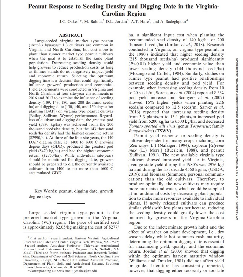 AgDrOakes's tweet photo. Check out this new publication in #PeanutScience, "Peanut Response to Seeding Density and Digging Date in the Virginia-Carolina Region". Thanks to colleagues in
@vtspes and @CropAndSoil
for their collaboration on this interesting study! https://t.co/g37klQfSbm https://t.co/EpyXPDQTqs
