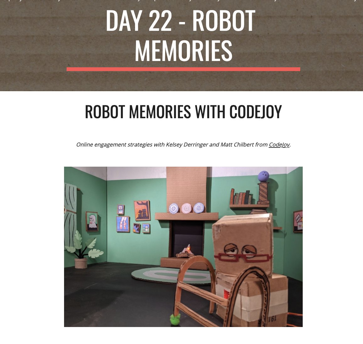 CodeJoyEdu's tweet photo. We are SO THRILLED to be Day 22 on @aaronmaureredu's #25DaysofMaking this year! WATCH the class and get an exclusive behind-the-scenes look at how we made #RobotMemories!
https://t.co/aS7ro2JCBj https://t.co/Gf84n28XFJ