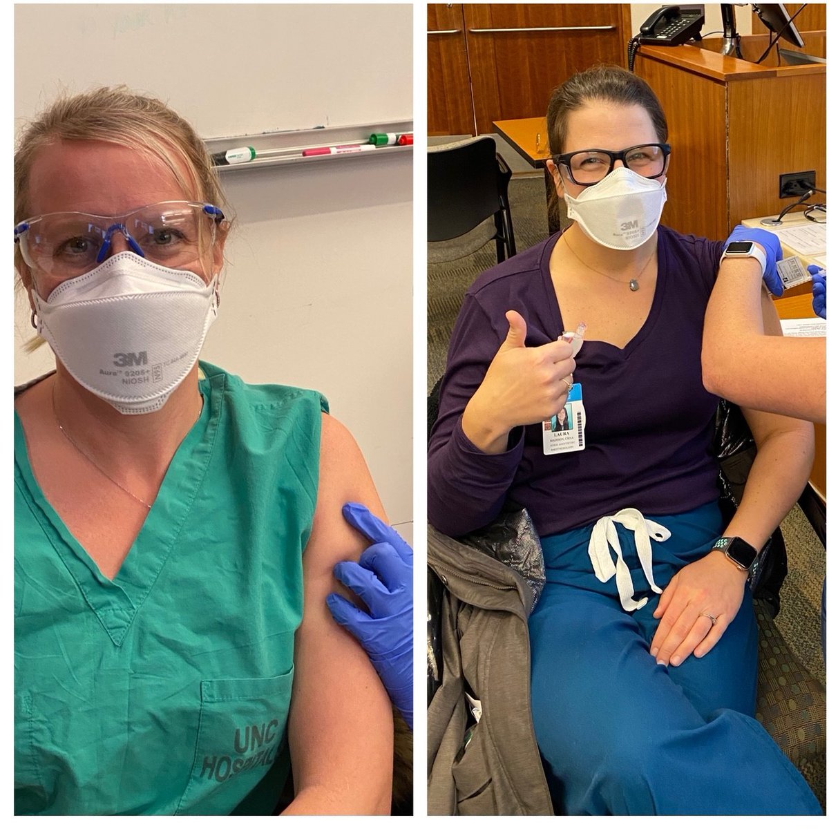 UNC_Anesthesia's tweet photo. A big THANK YOU to @UNC_Anesthesia's very first CRNAs (Brittney Paduchowski and Laura Madison) getting their COVID-19 vaccines! @UNC_Health_Care @UNC_SOM #UNCfamily #CRNAsfightingCOVID https://t.co/lK0R8PbKdJ