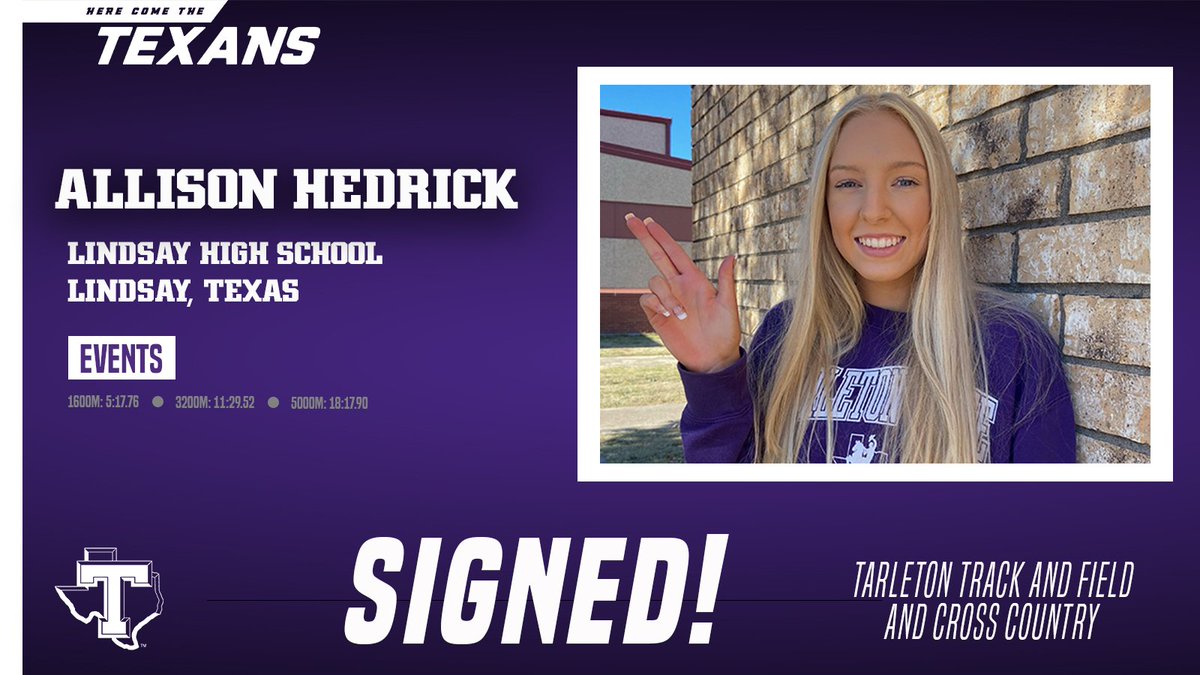 Tarleton State XC & TF (@tarletonxctrack) on Twitter photo 𝙎𝙞𝙜𝙣𝙚𝙙 😈
A five-time TX UIL State Champion is headed to Stephenville 🔥
Welcome to Tarleton, Allison!
#TexanNation x #D1szn 𝙎𝙞𝙜𝙣𝙚𝙙 😈
A five-time TX UIL State Champion is headed to Stephenville 🔥
Welcome to Tarleton, Allison!
#TexanNation x #D1szn