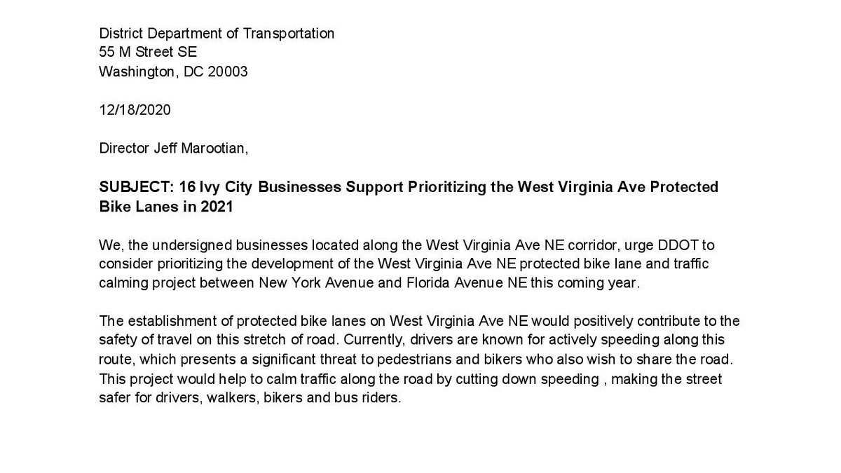 16 Ivy City businesses support prioritizing the WV Ave NE Protected Bike Lanes &amp; sent this letter (part 1) to <a href="/DDOTDC/">DDOT DC</a>:
  
<a href="/BicycleSPACE/">BicycleSPACE</a> | <a href="/BikramYogaWorks/">BikramYogaWorks & Cryotherapy</a> | <a href="/CityWineryDC/">City Winery DC</a> | <a href="/CompassCoffeeDC/">Compass Coffee</a>  | <a href="/douglasdevdc/">Douglas Development Corp.</a>  | Dunn Lewis | <a href="/greenhatgin/">Green Hat Gin</a> | <a href="/CFHierarchy/">CrossFit Hierarchy</a>  | <a href="/MOMsOrganicMrkt/">MOM's Organic Market</a> 1/