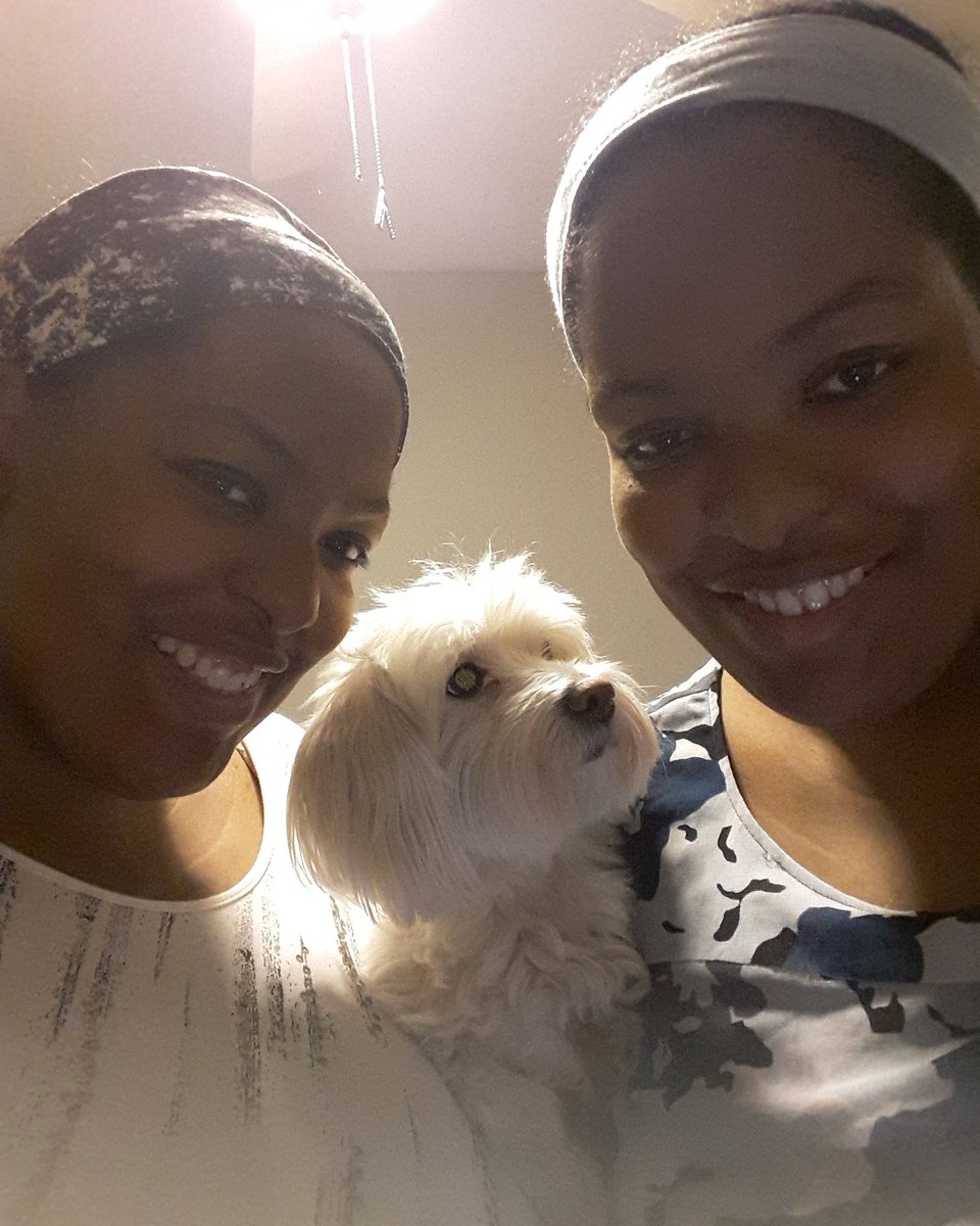 SimplyIdentical's tweet image. Selfie with fur baby number 1 Maxie Mae @TheMorkieGirl  #dogs #doglovers #twitter #twins #twinsisters #twinlife #family