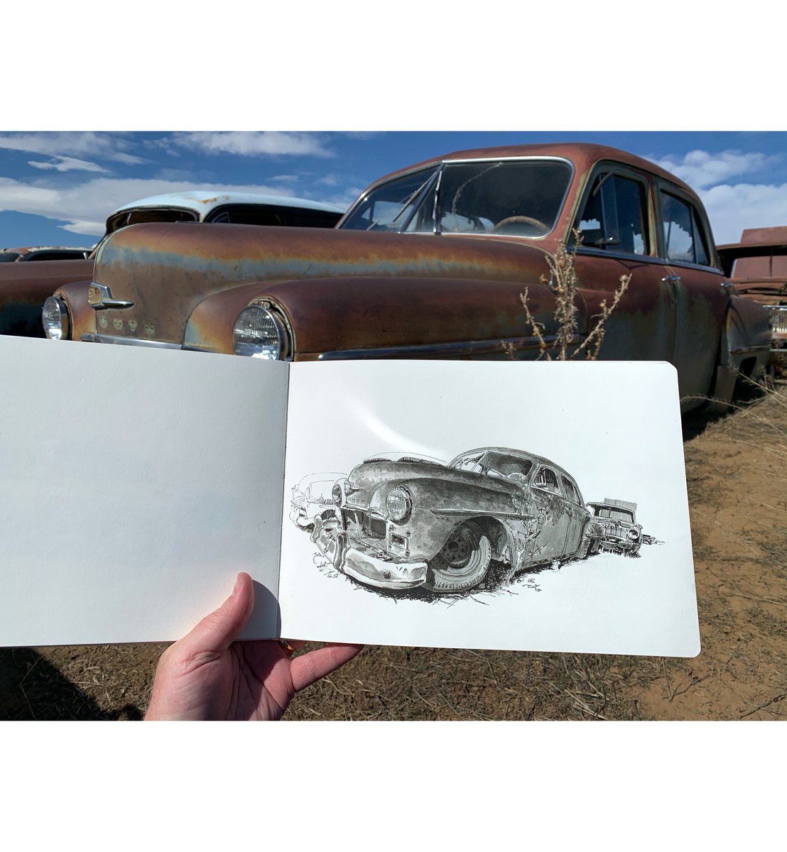 Old Plymouth at Speedway Auto Wrecking, Dacono, CO, Mar 7. This was my last outside-the-house sketch for a while.