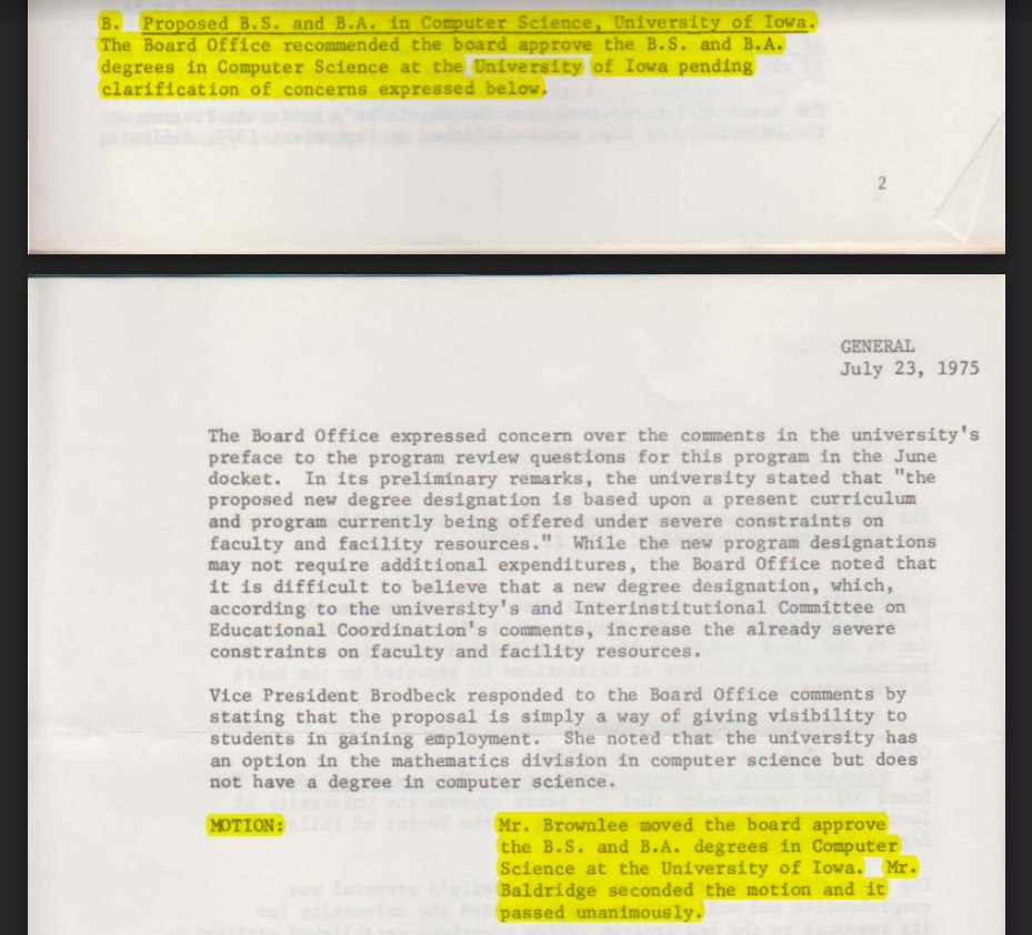 UIowaCS's tweet image. #ThrowbackThursday '75: 10 years after birth of @UIowaCS & its #GradPrograms: bachelor degrees are approved. From 100 majors then to >1,000 now! More @uiowa #ComputerScienceHistory at bit.ly/UIowaCS_timeli…👀. Want to share a memory as alum|emeritus? GOTO bit.ly/UIowaCS_memori…