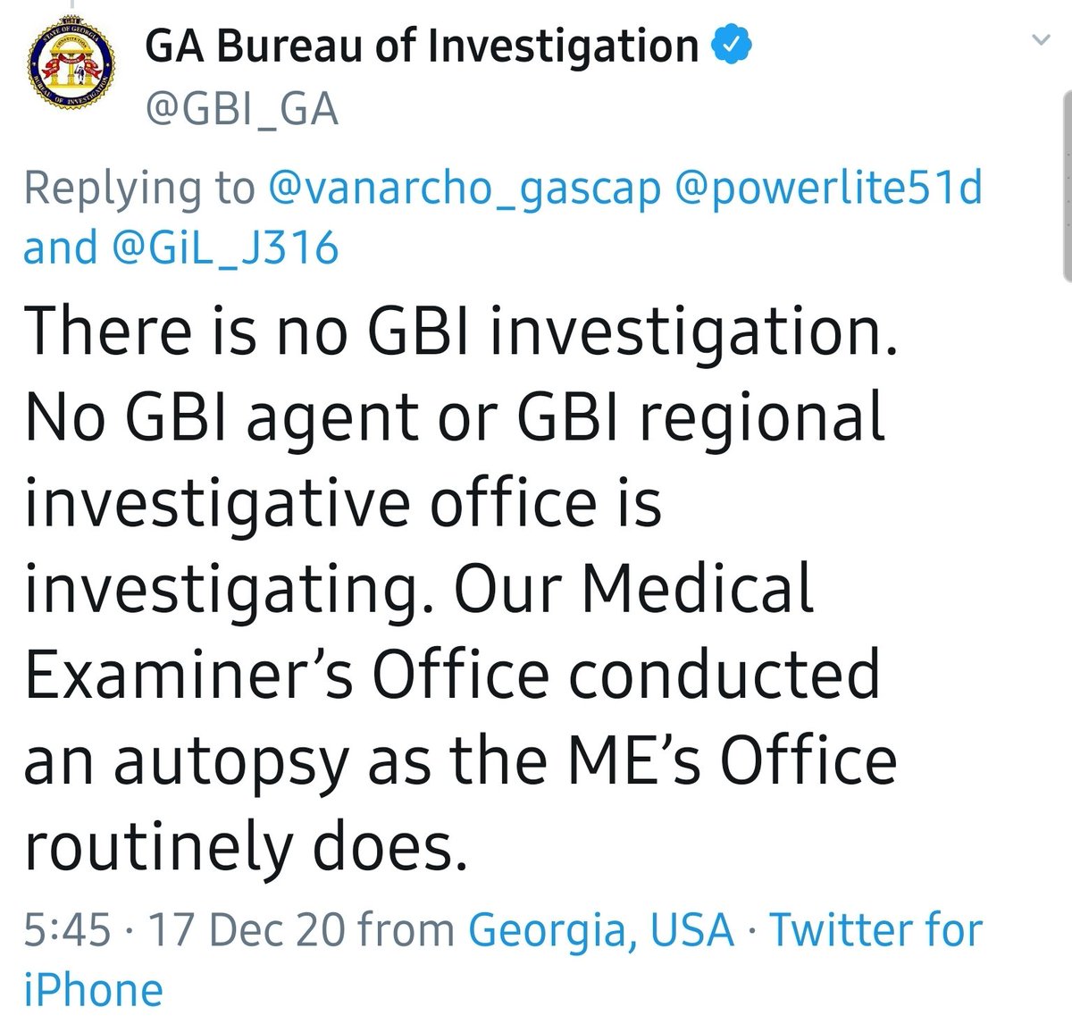 16)Thanks  @Gunntwitt for pointing out that GBI Twitter responded to a question in a comment thread.I'm shocked the official line is the GBI is not even looking at this, wow.I can't find hard evidence this investigator was assigned to this so be cautious until we learn more