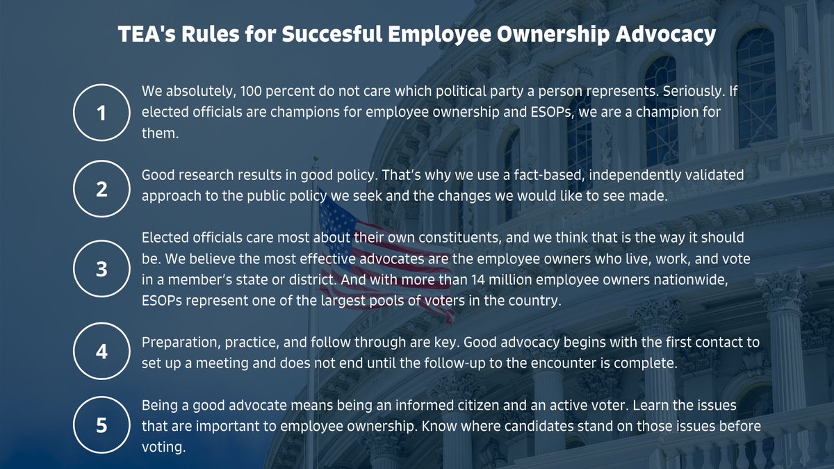 The best advocates for #employeeownership are employee owners themselves. You can serve as an indispensable voice for over 10 million employee owners, their families, and their companies. Follow these simple rules for successful advocacy. esopassociation.org/advocacy