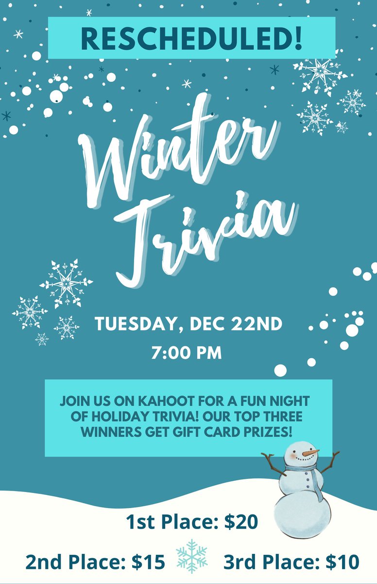 We hope everyone is having a wonderful snow day! ❄️⛄️ Our holiday Kahoot game night is being rescheduled to Tuesday, December 22nd at 7:00pm. Please check your school email for the google meet link around 6:30pm on 12/22. Thank you for understanding!