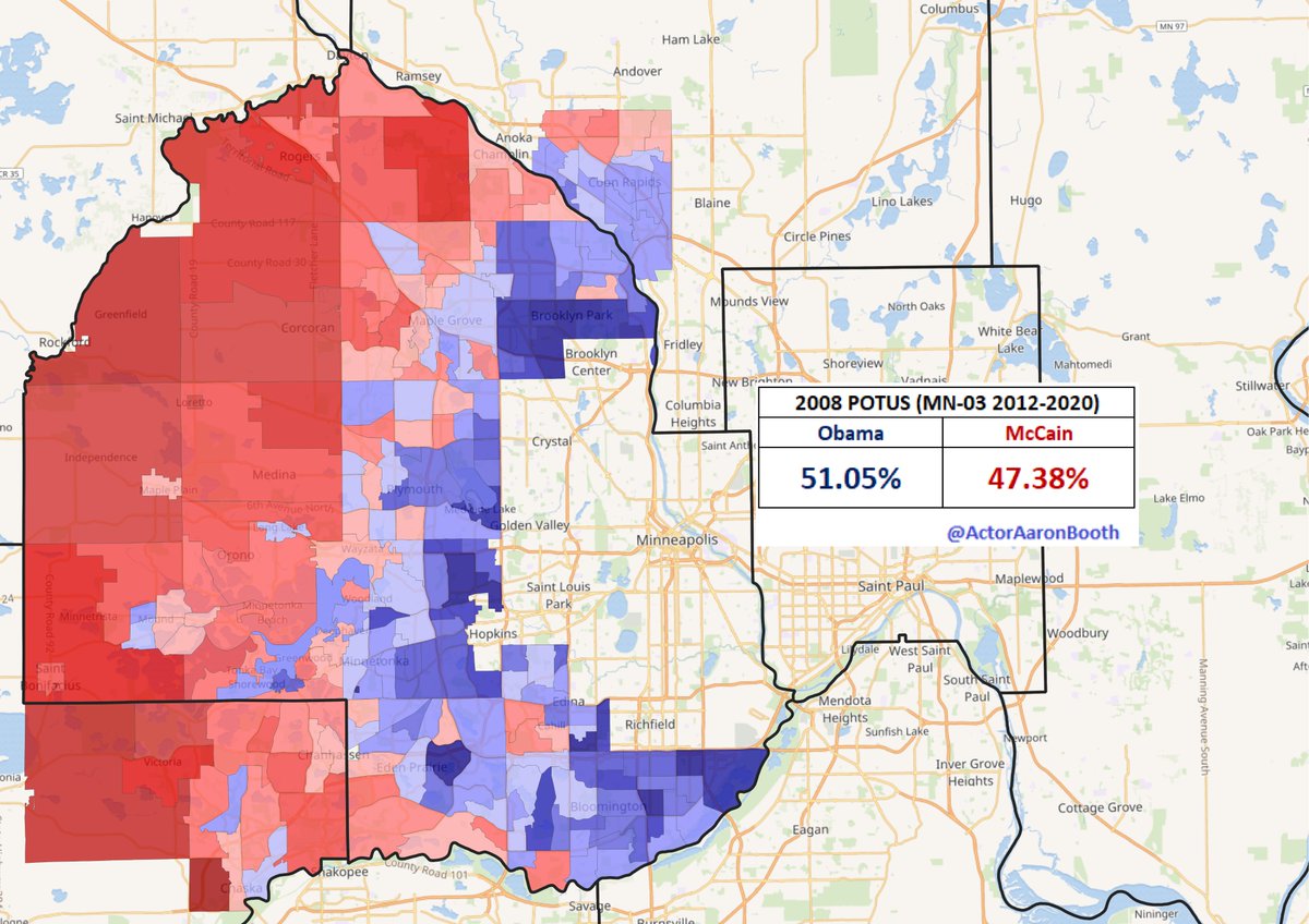 As I mentioned, the  #MN03 trend to the left (particularly relative to the state) predated Trump. While the precinct lines don't match up exactly for perfect calculations, these are pretty close approximations to what the 2004 & 2008 performances were in the current MN-03.