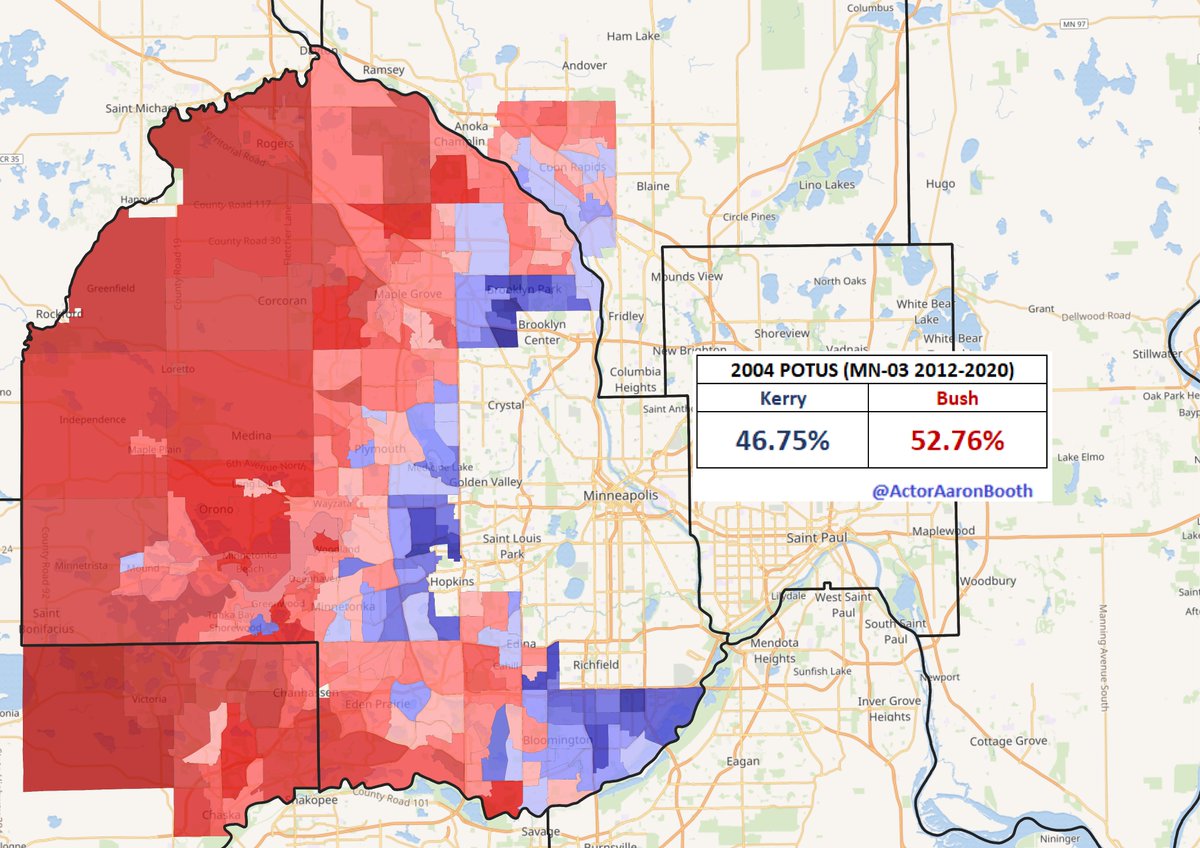 As I mentioned, the  #MN03 trend to the left (particularly relative to the state) predated Trump. While the precinct lines don't match up exactly for perfect calculations, these are pretty close approximations to what the 2004 & 2008 performances were in the current MN-03.