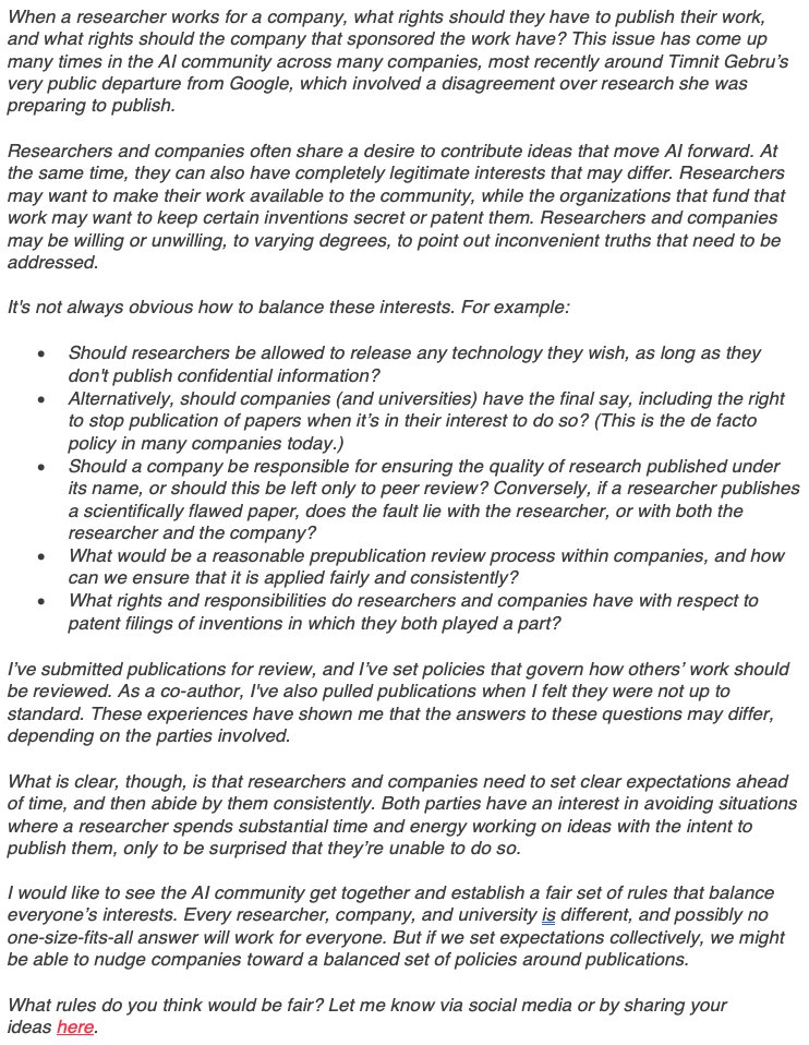 AndrewYNg's tweet photo. What rules regarding publishing papers would be fair, when it relates to work done by researchers working for companies? I ask this question in this week's The Batch, and would love to hear your thoughts. https://t.co/u97lUGjH6W https://t.co/yyhwzxoMag