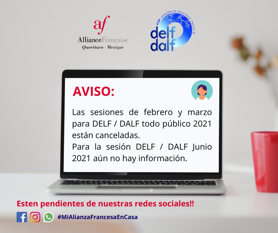 ‼️Attention‼️

📌 COMUNICADO OFICIAL DE LA COORDINACIÓN DE CERTIFICACIONES DELF / DALF 📌

#NosCuidamosTodos #NosCuidamosJuntos #MiAlianzaFrancesaEnCasa #AlianzsFrancesa #DELF #DALF