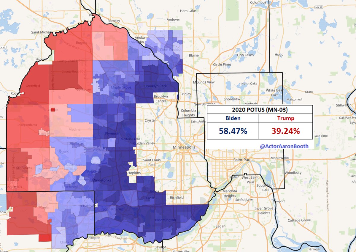 Really amazing how quickly  #MN03 has moved to the left. While the trend isn't anything new to the Trump era, it has certainly been accelerated by Trump driving college educated white voters out of the GOP camp. Biden's 19.2 point win would have been unthinkable a decade ago.