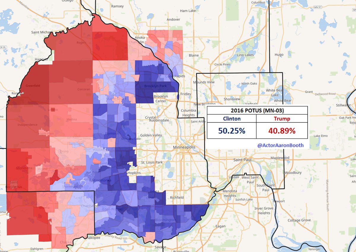 Really amazing how quickly  #MN03 has moved to the left. While the trend isn't anything new to the Trump era, it has certainly been accelerated by Trump driving college educated white voters out of the GOP camp. Biden's 19.2 point win would have been unthinkable a decade ago.