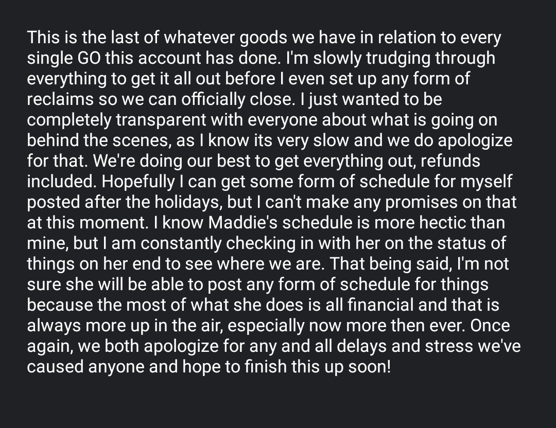 indiegemGOs's tweet photo. Hello! I know I've been tweeting a lot today but I really want to offer some transparency of whats happening bts and keep yall updated
TL;DR this is the absolute last of all the goods for GOs we've ever done, were still working on getting it all out, but its very slow going -A https://t.co/dxfVq3sopQ
