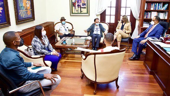 Comunicaciondo's tweet photo. Por instrucciones del Presidente @LuisAbinader , la Directora de Comunicaciones y Vocera oficial de la Presidencia @MilagrosGermanO y el consultor jurídico de la Presidencia @AntolianoPR , recibieron en el Palacio Nacional a los peregrinos de El Seibo. https://t.co/as2vpEqRCs