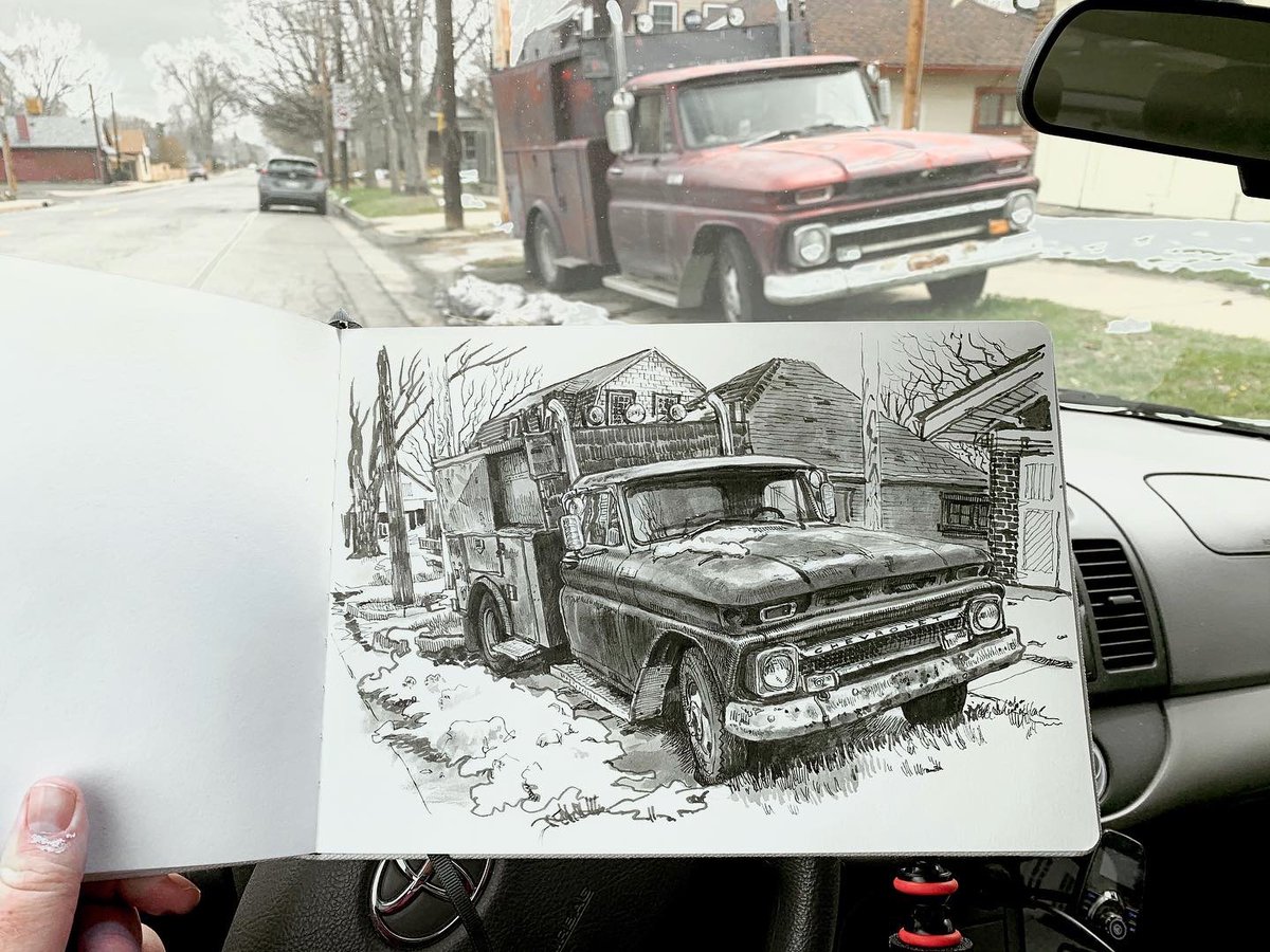 Managed to drain my car battery listening to the radio during this sketch and had to call for a jump. Old Chevy pickup, Highlands neighborhood, Denver, Apr 18.