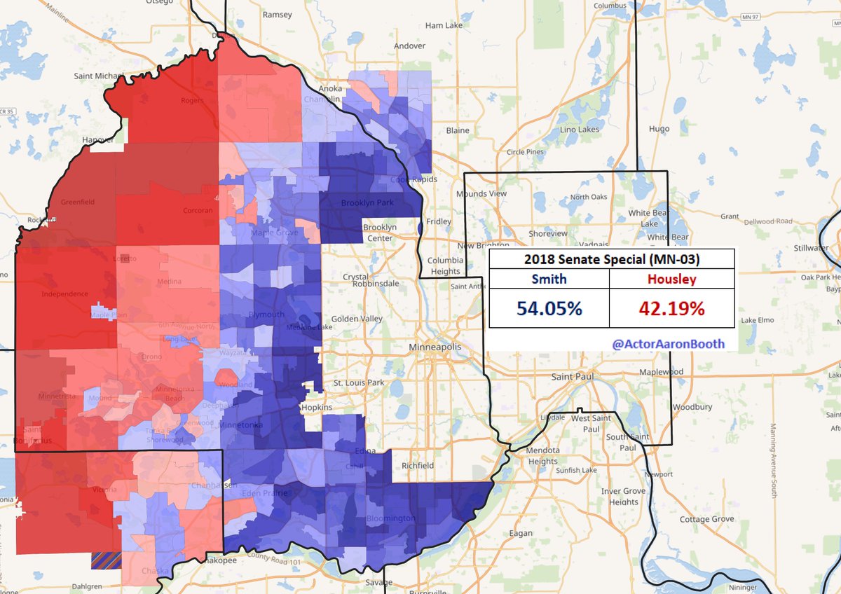 . @TinaSmithMN carried  #MN03 by 13 points in 2020 after carrying it by 11.9 in 2018.  @amyklobuchar of course ran up the score in 2018 carrying the district by 27.7 points. In 2014,  @alfranken lost the district by just over a tenth of a point.