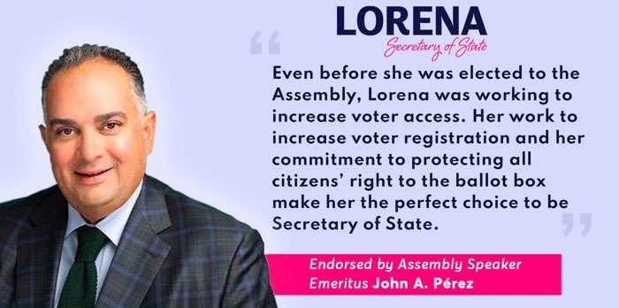 Lorena Gonzalez (@lorenasgonzalez) on Twitter photo Having served under the leadership of former Speaker <a href="/JohnAPerez/">John A. Pérez</a> - it’s a true honor to have his endorsement. Having served under the leadership of former Speaker <a href="/JohnAPerez/">John A. Pérez</a> - it’s a true honor to have his endorsement.