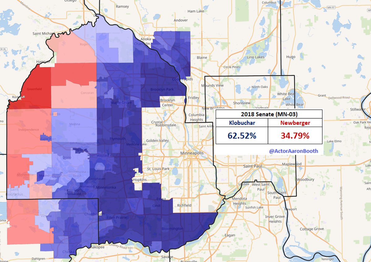 . @TinaSmithMN carried  #MN03 by 13 points in 2020 after carrying it by 11.9 in 2018.  @amyklobuchar of course ran up the score in 2018 carrying the district by 27.7 points. In 2014,  @alfranken lost the district by just over a tenth of a point.