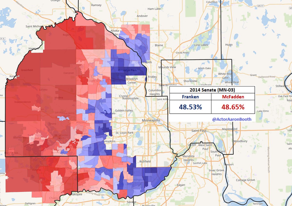 . @TinaSmithMN carried  #MN03 by 13 points in 2020 after carrying it by 11.9 in 2018.  @amyklobuchar of course ran up the score in 2018 carrying the district by 27.7 points. In 2014,  @alfranken lost the district by just over a tenth of a point.