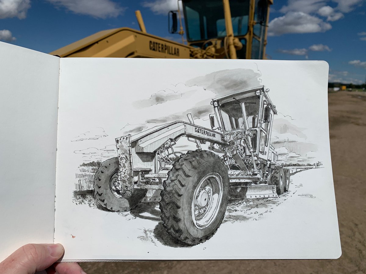 Ventured outside my car to sketch this grader on the side of the road, May 25.