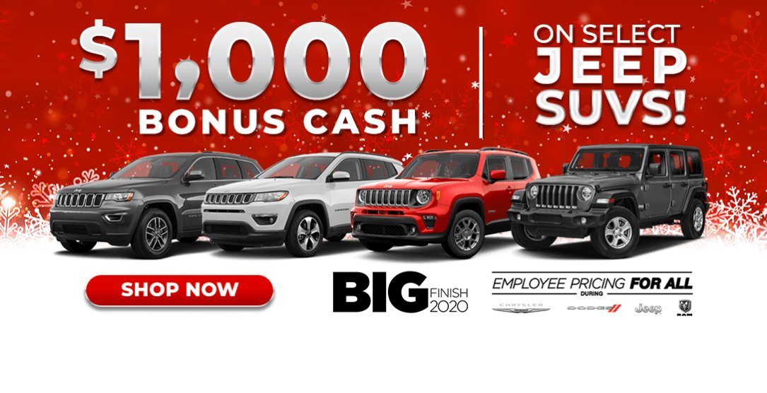 LibertyCDJR_'s tweet photo. End 2020 behind the wheel of a new #Jeep with an additional $1000 bonus cash on select Jeep SUVs during Big Finish 2020 Event! 

Shop all of our new #Jeep inventory online here: https://t.co/hRfvJURs1Z https://t.co/BrwNzBQsAt