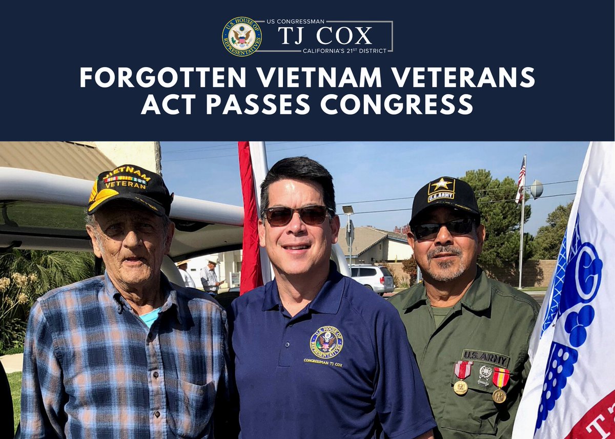 RepTjCox's tweet image. Proud to announce that my bill, the Forgotten Vietnam Veterans Act, has passed through Congress. This bill is a step towards ensuring those who put their lives on the line for our nation get the benefits they earned. I urge the President to sign this bill into law without delay.